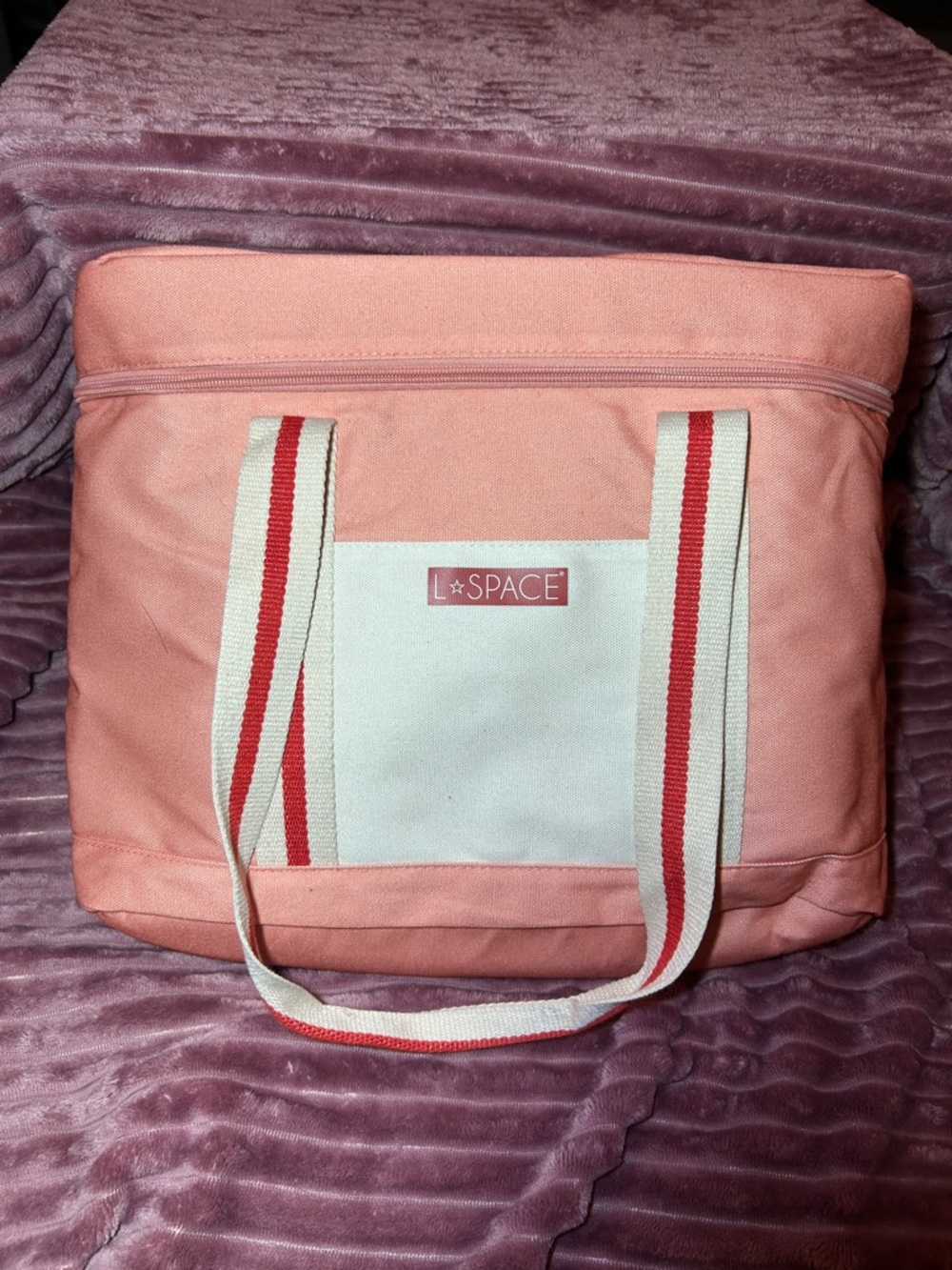 l*space Blush Pink Canvas Tote with Cream and Red Striped Handles